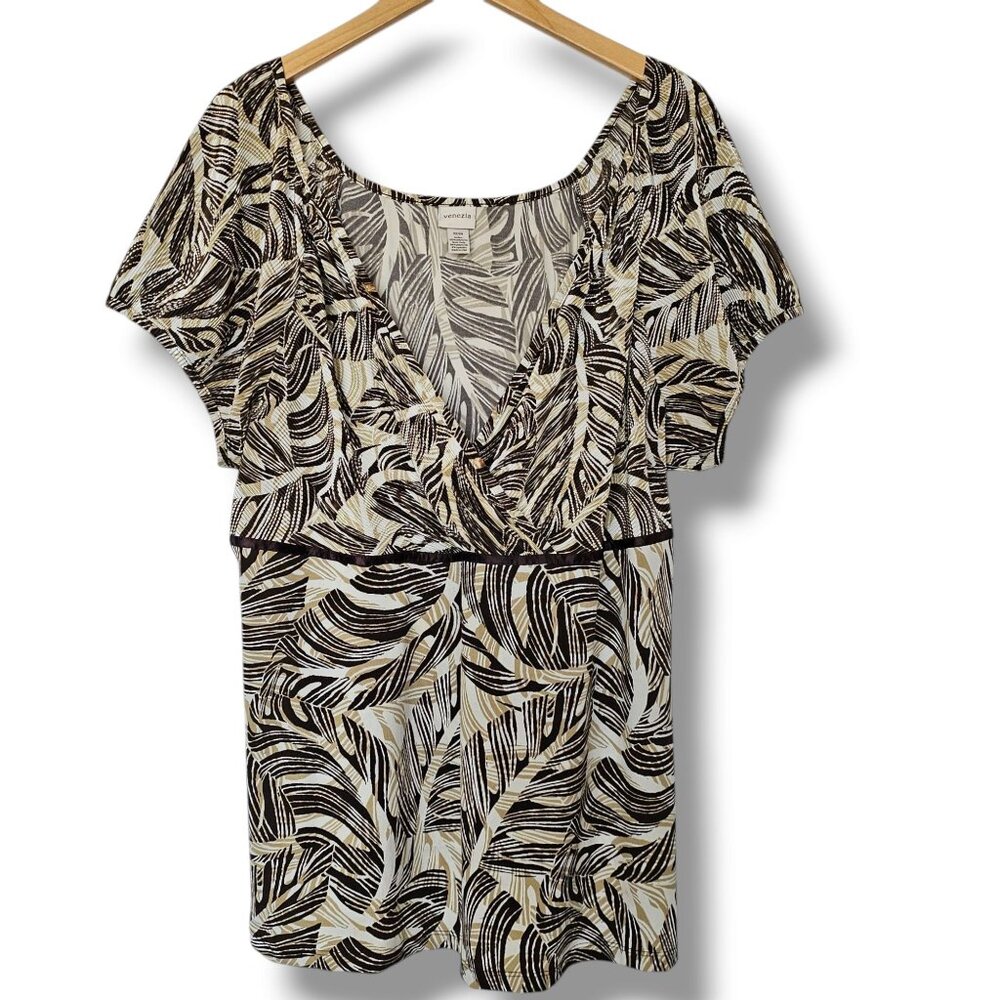 Venezia Leaf Print Blouse‎ Size 22/24 V-Neck Short Sleeve Tan Brown Babydoll Top